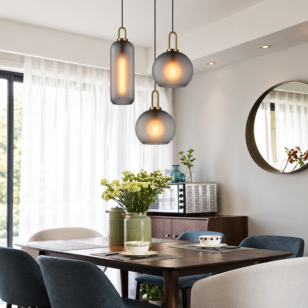 Cluster of frosted glass globe and tube pendant lights over a dining table