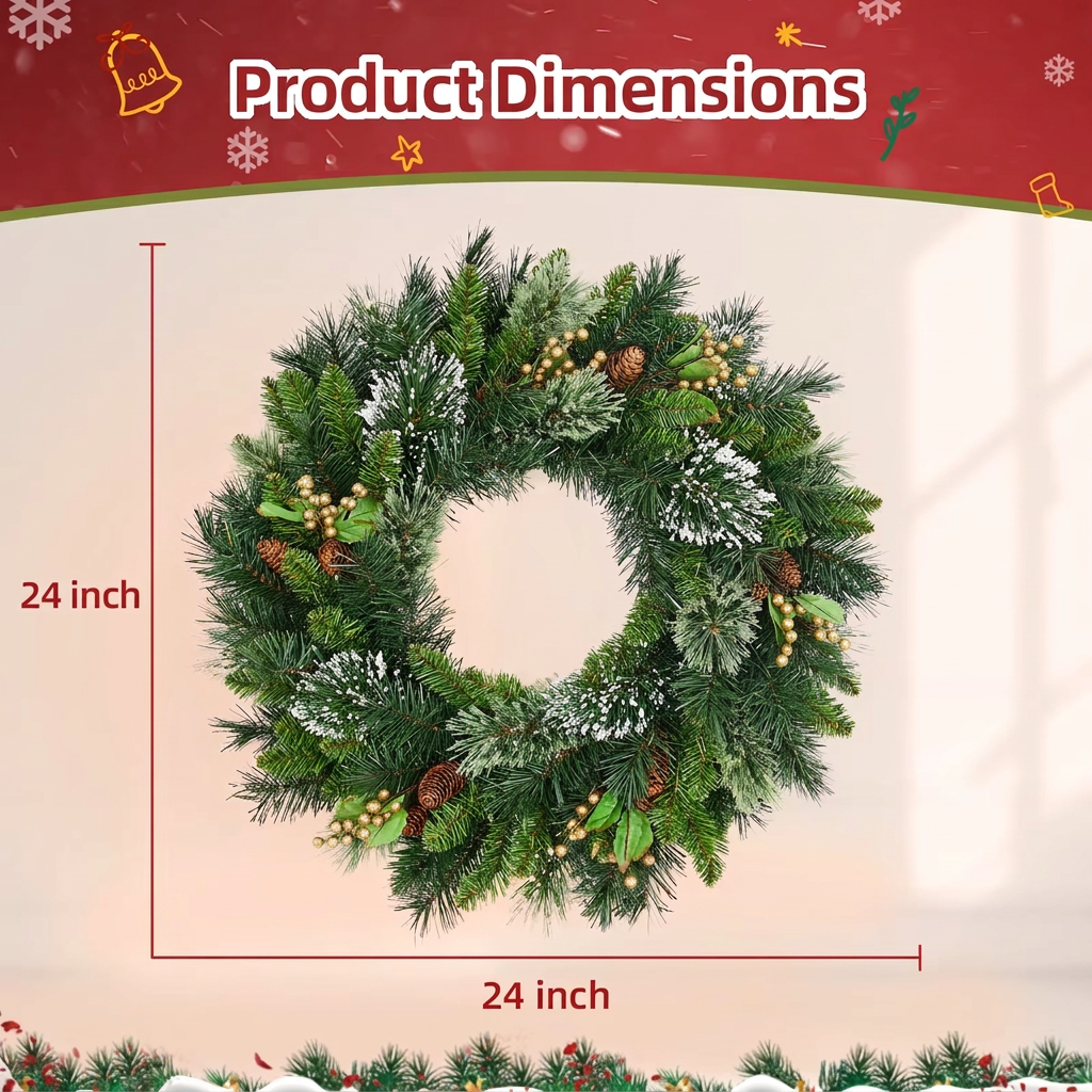 Pre-lit Christmas wreath dimensions, 24 inches (61 cm) diameter