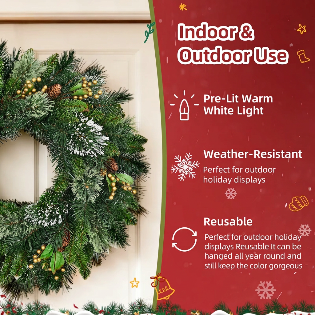 Indoor and outdoor pre-lit Christmas wreath, weather-resistant and reusable