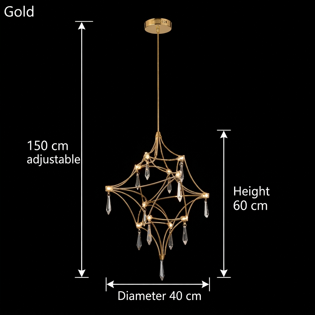 Gold 40 cm Celeste crystal chandelier dimensions: 40 cm diameter, 60 cm high, 150 cm adjustable cable
