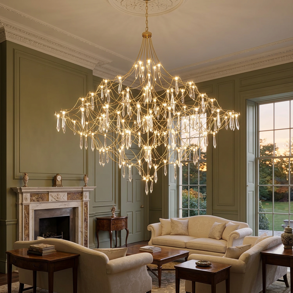 Gold chandelier with warm white lights in a British drawing room