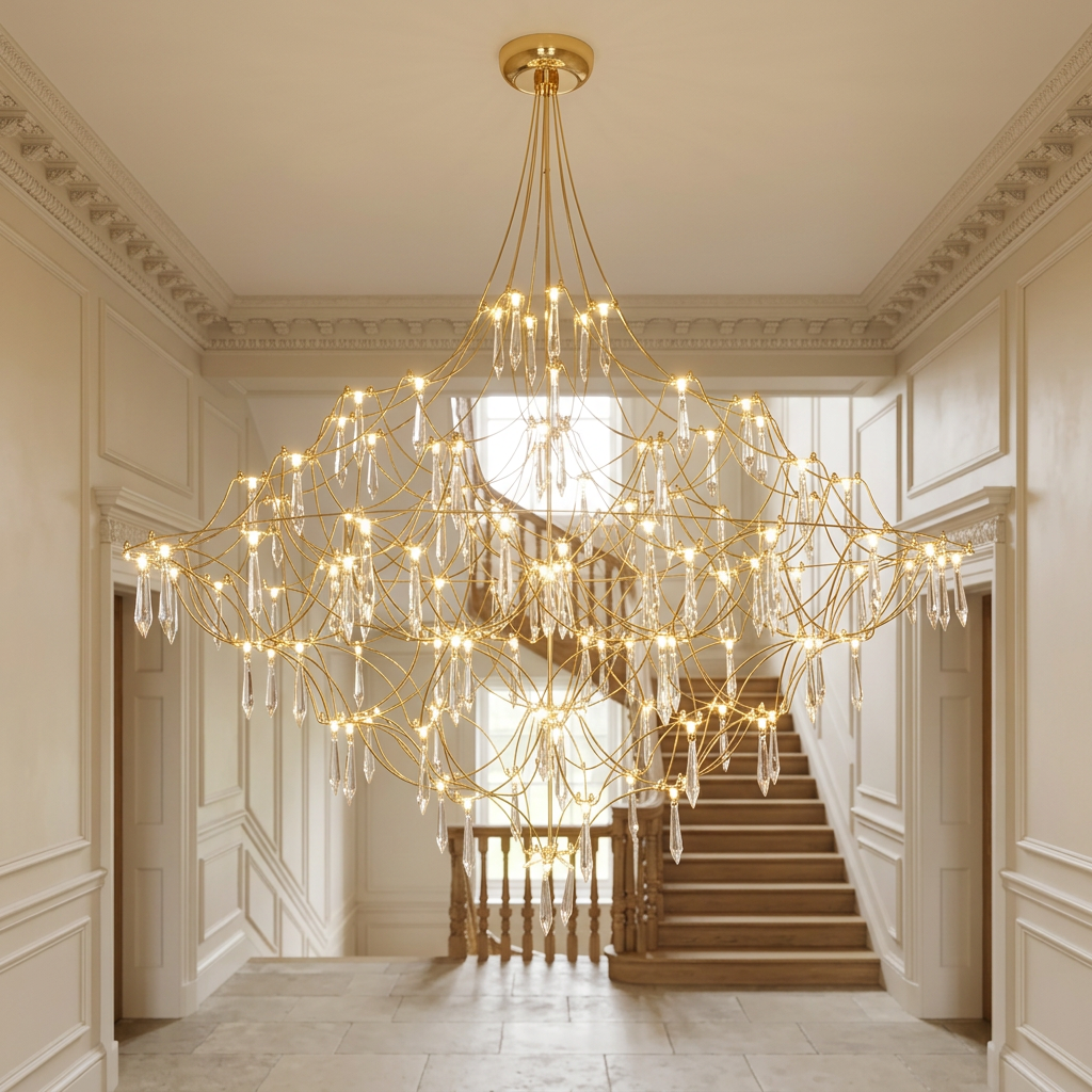 Gold chandelier with warm white lights in a British entrance hall