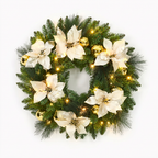 24-inch Gold pre-lit Christmas wreath with ivory poinsettias, gold baubles and warm white LED lights