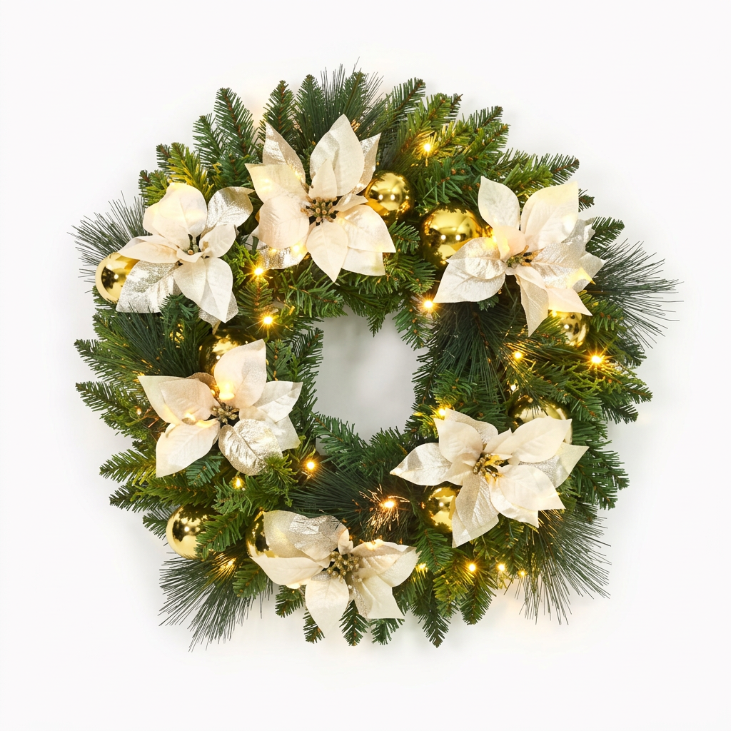 24-inch Gold pre-lit Christmas wreath with ivory poinsettias, gold baubles and warm white LED lights