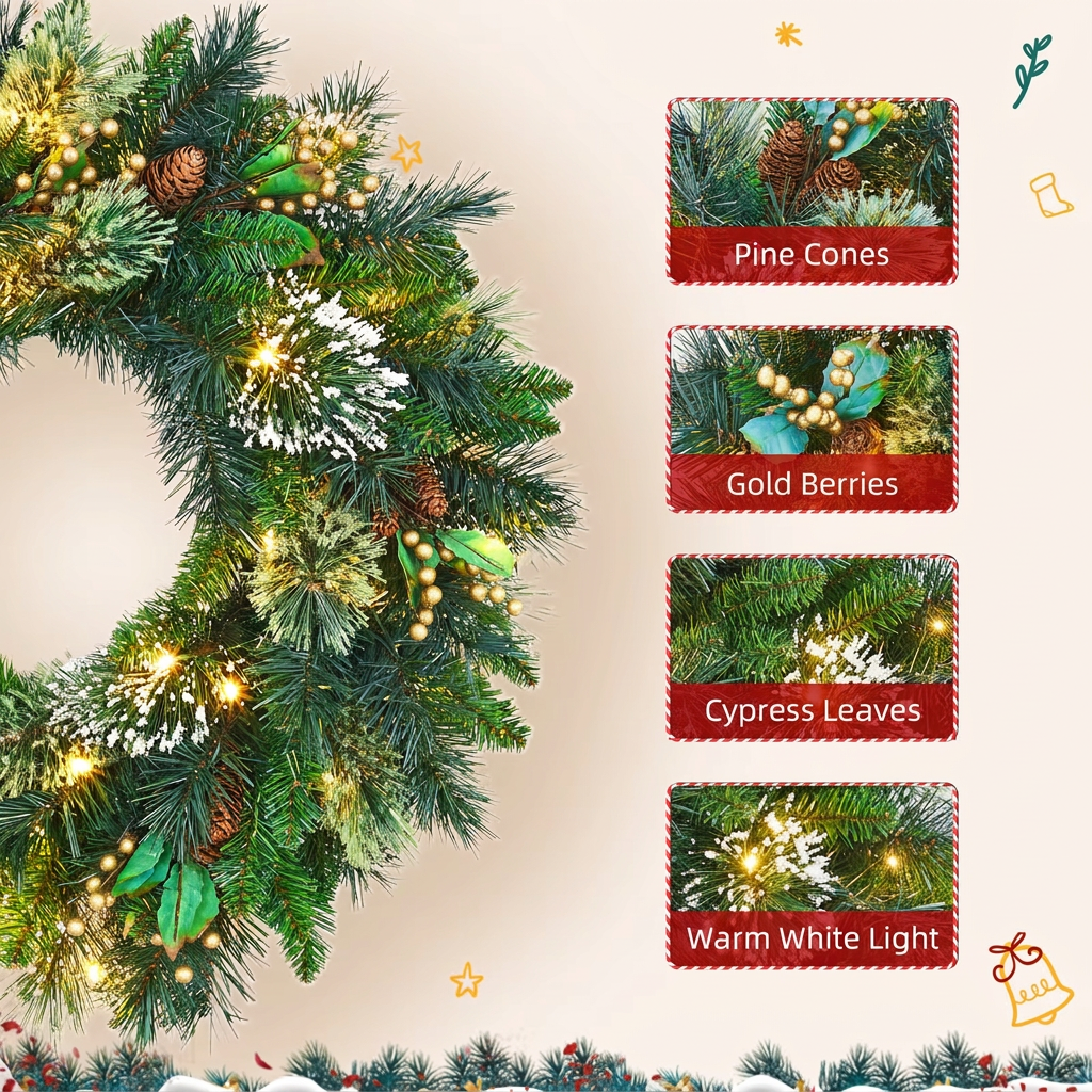 Close-up of wreath details: pine cones, gold berries, cypress leaves and warm white lights