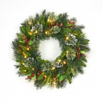 Green pre-lit Christmas wreath with red berries, pine cones and warm white LEDs