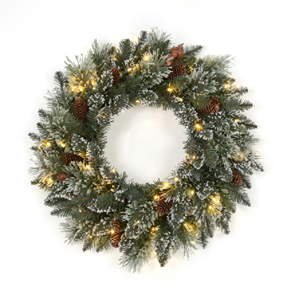Flock Green frosted pre-lit Christmas wreath with pine cones and warm white LEDs