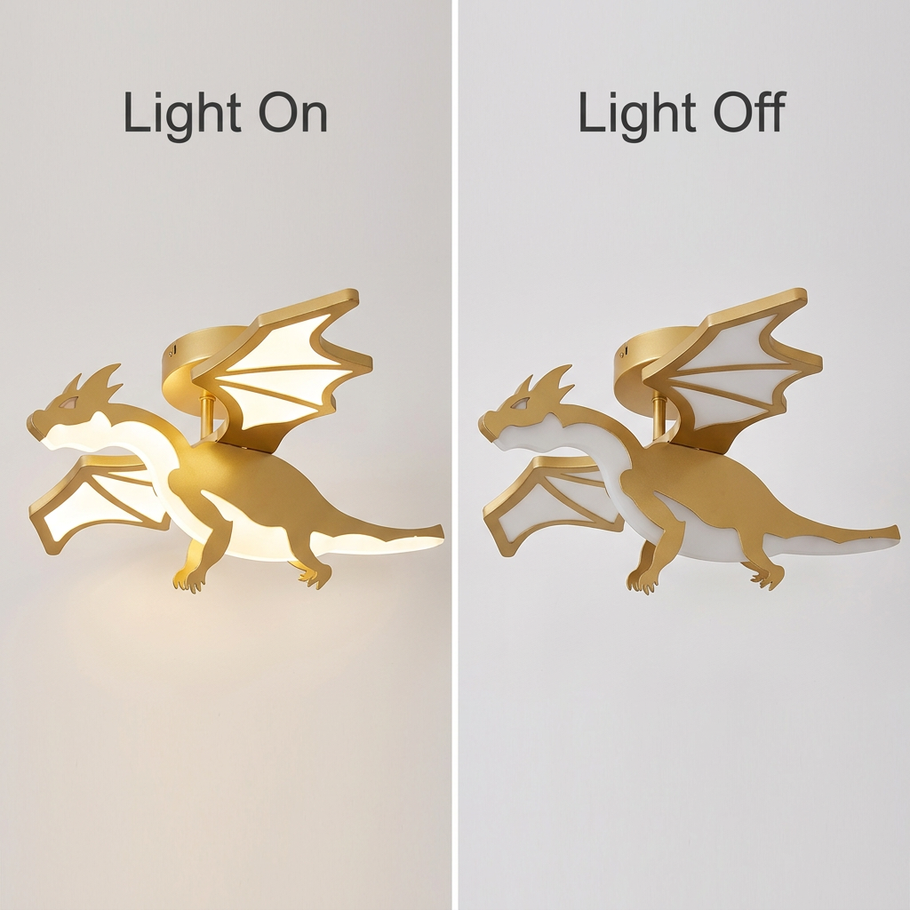 Golden dragon ceiling light, light-on and light-off comparison