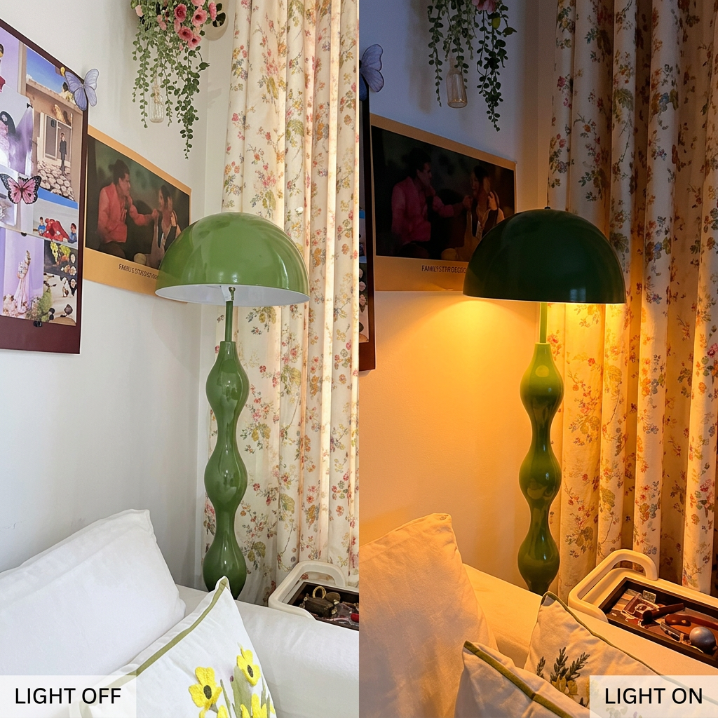 Green mushroom lamp shown switched off and switched on