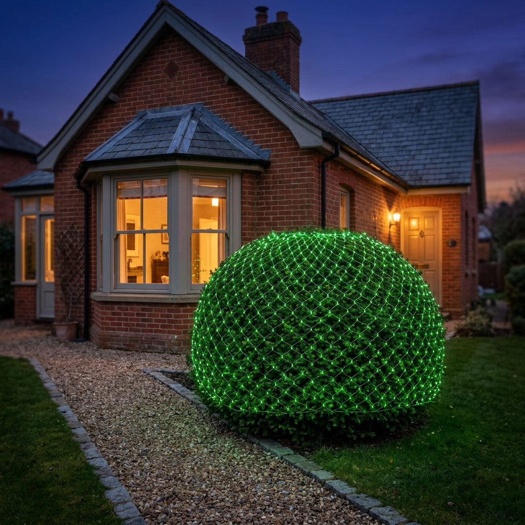 Green LED net mesh fairy lights on a hedge outside a UK home