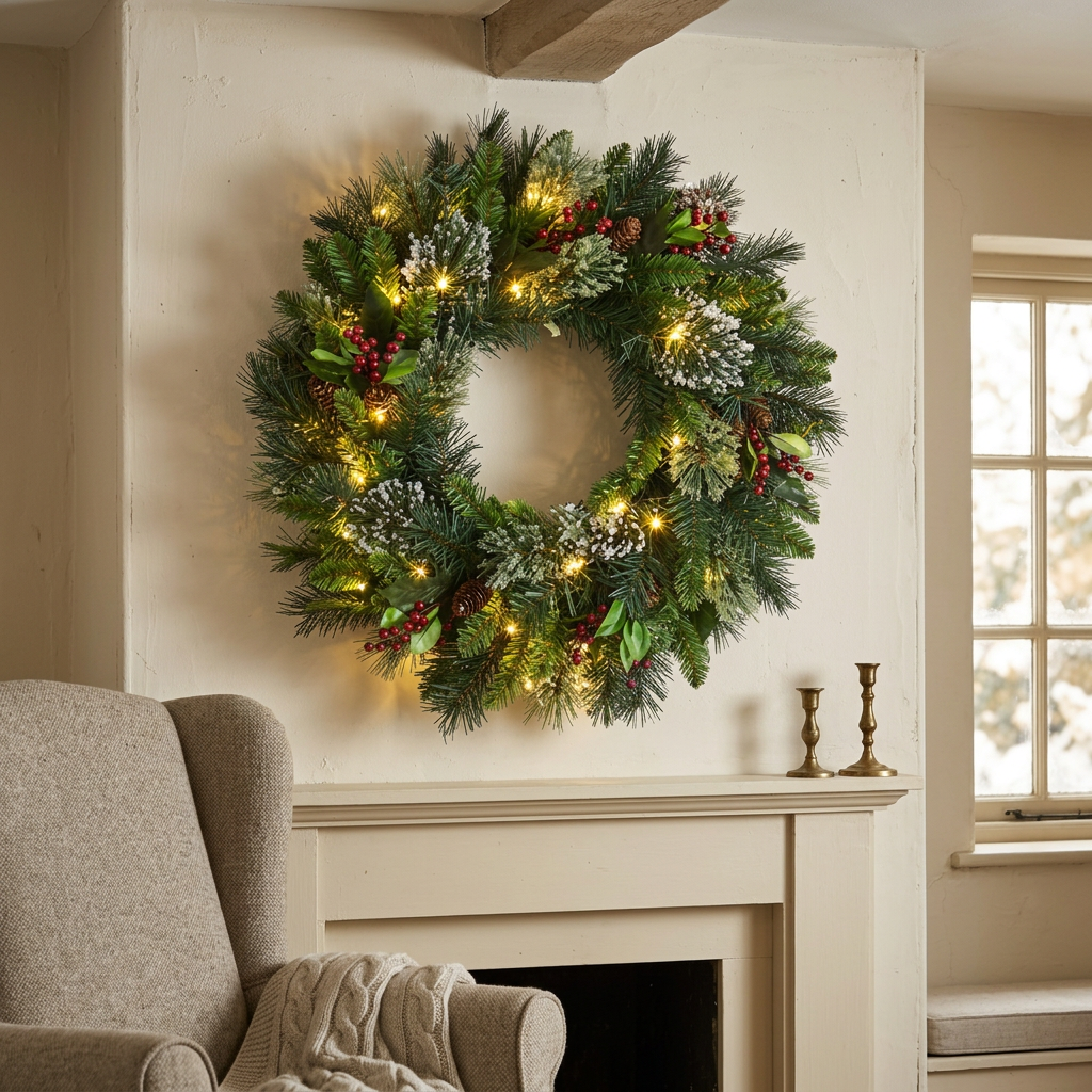 Green pre-lit Christmas wreath above a fireplace in a cosy UK living room