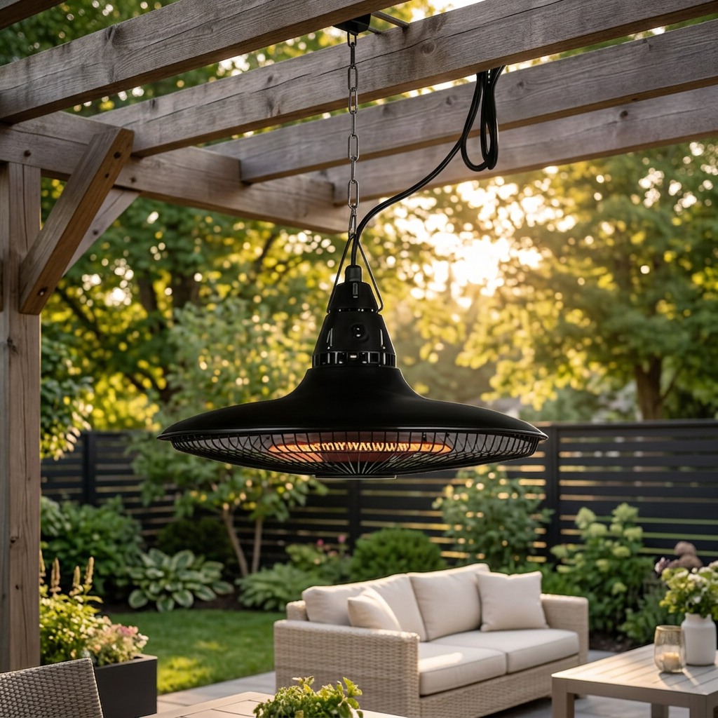Hanging infrared heater in a sunlit garden patio