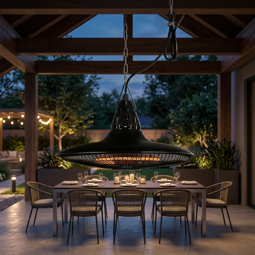 Hanging patio heater glowing on a covered veranda at dusk