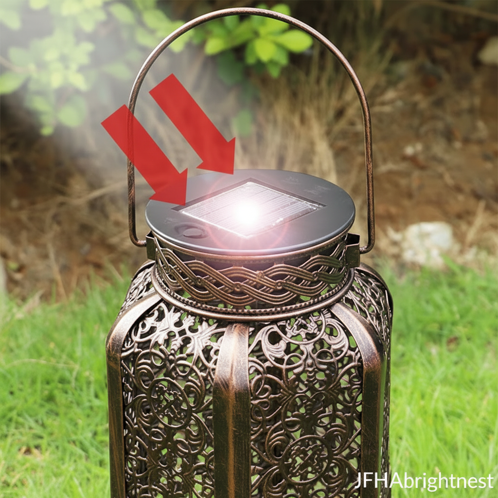 Close-up of the solar panel set into the bronze lantern lid, charging in direct daylight