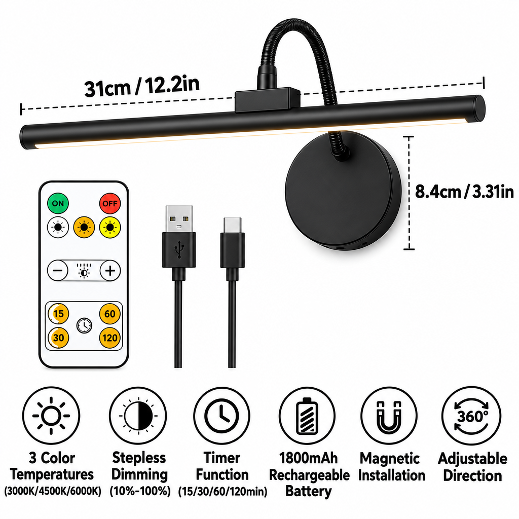 Picture light dimensions 31cm bar and 8.4cm wall plate, with remote control and USB-C charging cable