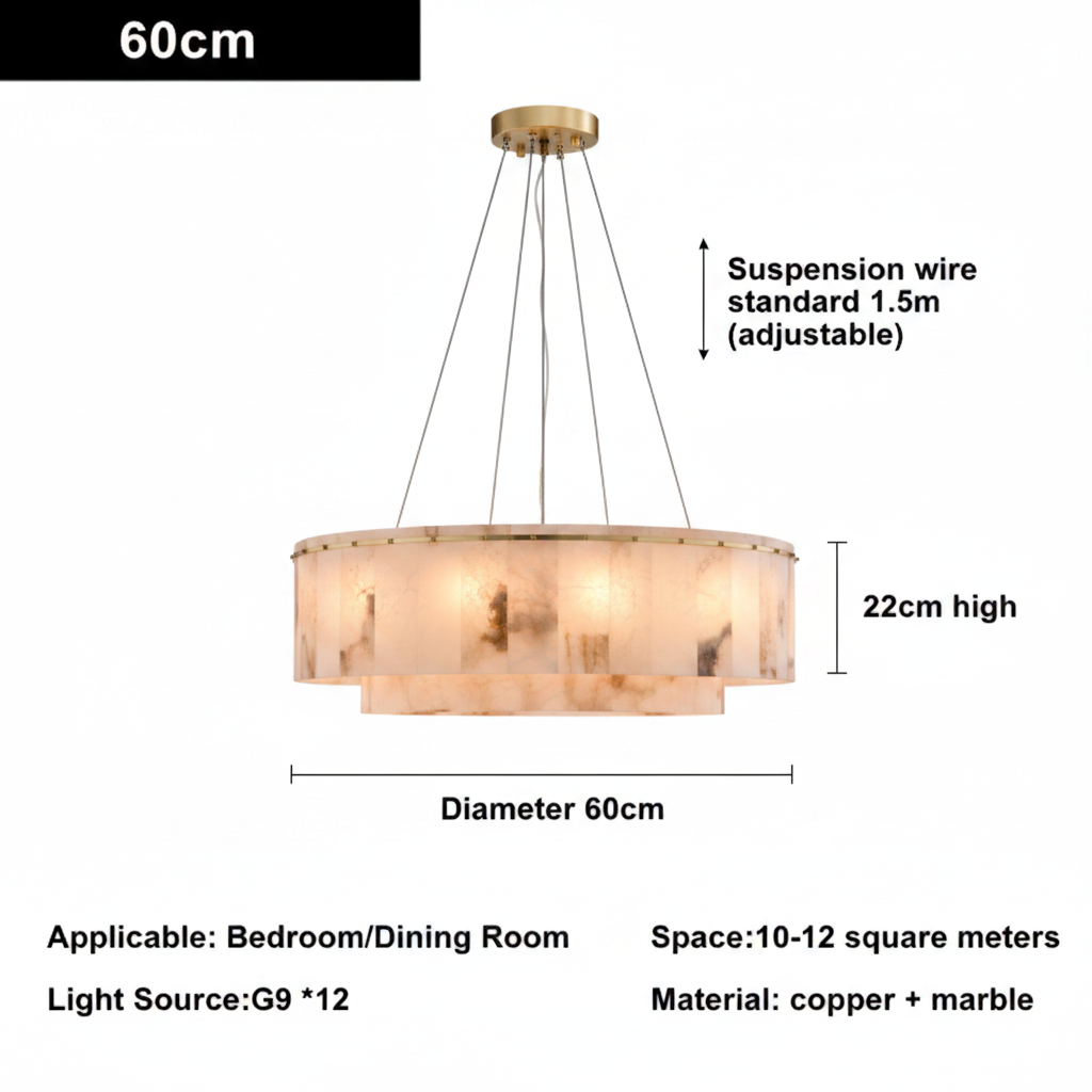 Double layer round alabaster marble chandelier, 60cm diameter and 22cm high, G9 x12, brass and marble