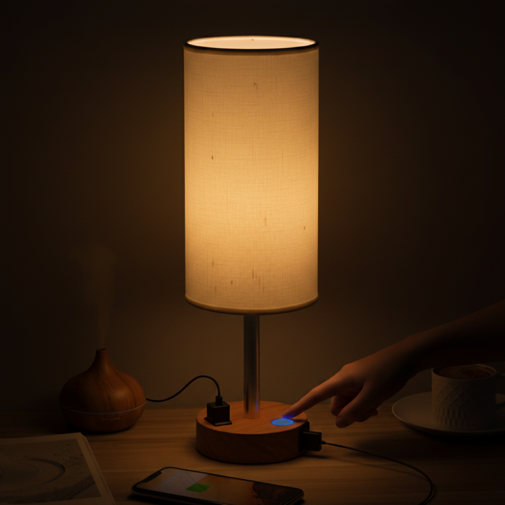 Lamp at low dimmer setting in dark moody bedroom