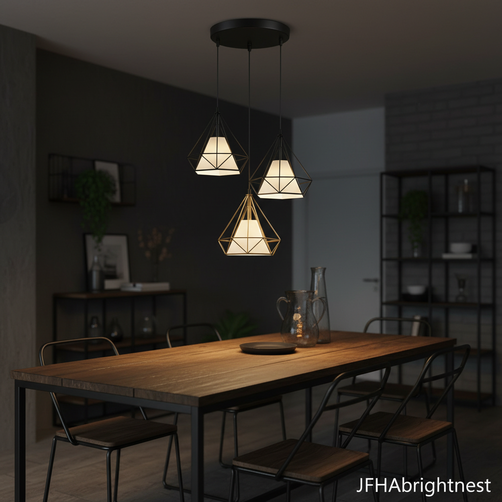 3-light black diamond cage pendant round canopy above dining table