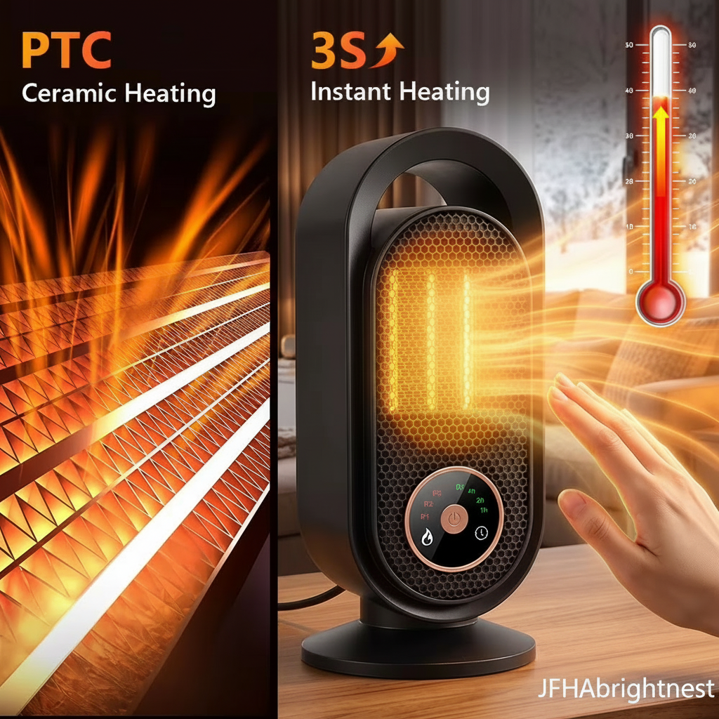 PTC ceramic heating element close-up and 3-second instant heating thermometer infographic – JFHAbrightnest branding
