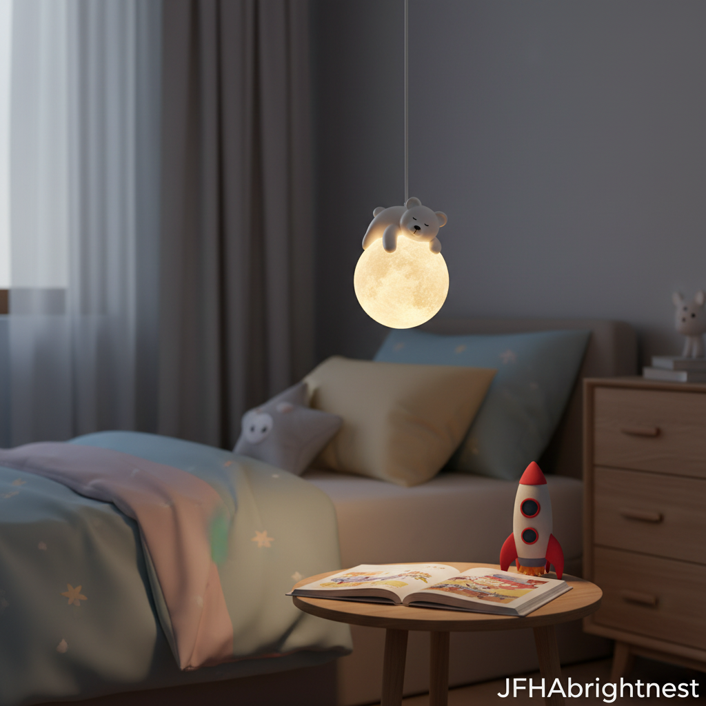 White kids globe pendant light hanging beside child's bed