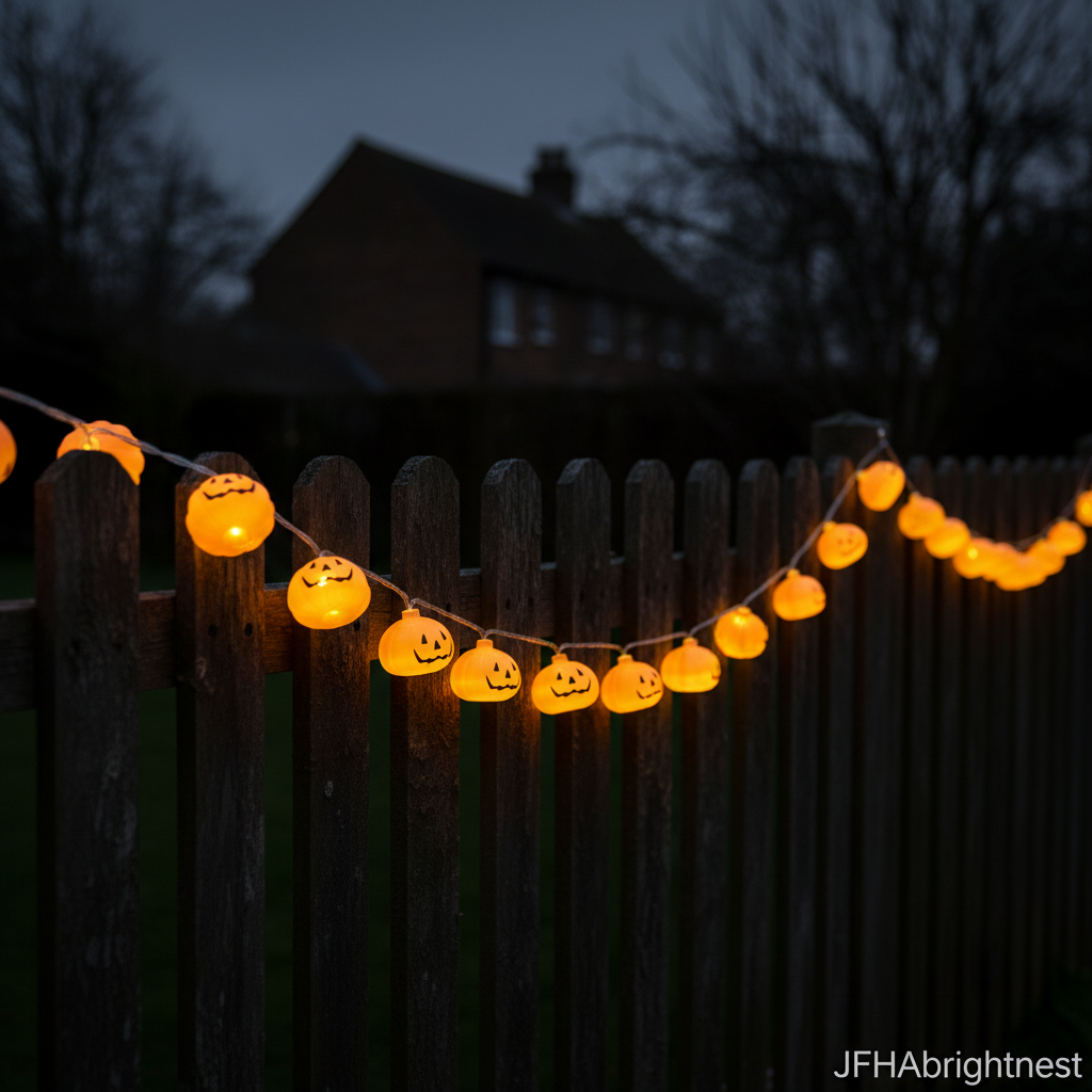 Small round jack-o-lantern Halloween pumpkin string lights draped over British garden fence at Halloween night with JFHAbrightnest branding