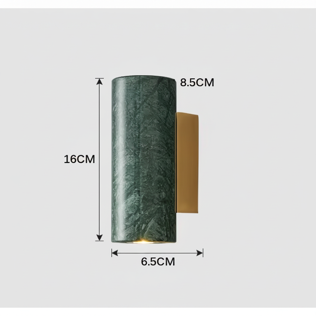 Dimension diagram of the marble wall light: 6.5 cm wide, 16 cm high, projecting 8.5 cm from the wall
