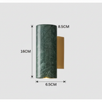 Dimension diagram of the marble wall light: 6.5 cm wide, 16 cm high, projecting 8.5 cm from the wall