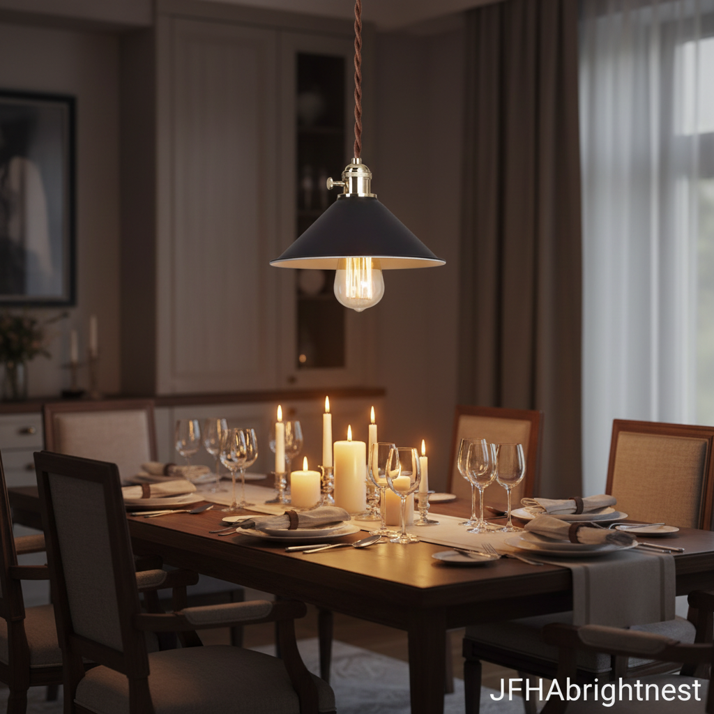 Grey cone pendant light above a dining table