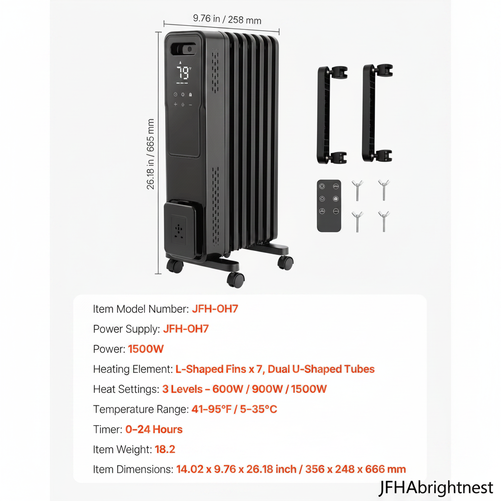 Solen oil-filled radiator specifications and dimensions, 356 x 248 x 666 mm, with remote control