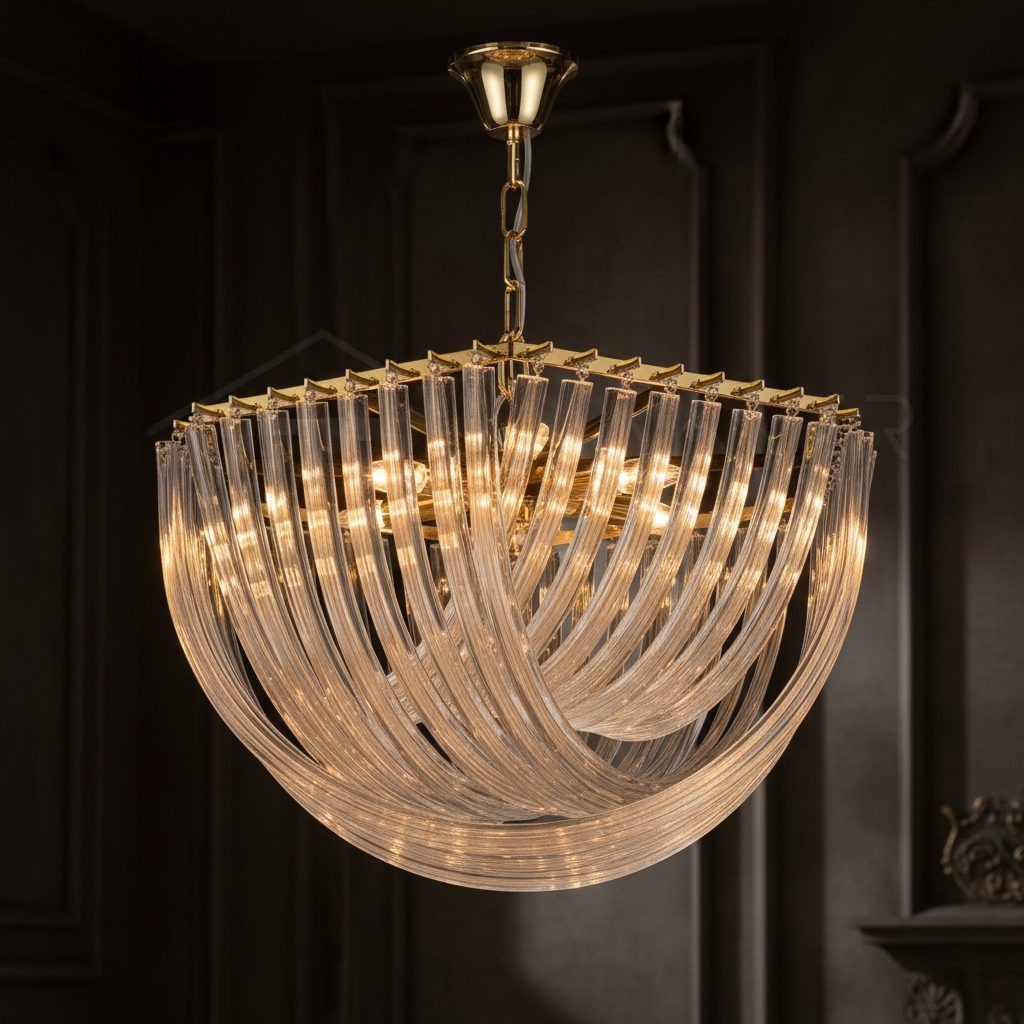 Close-up of the Solene chandelier's curved glass and gold frame