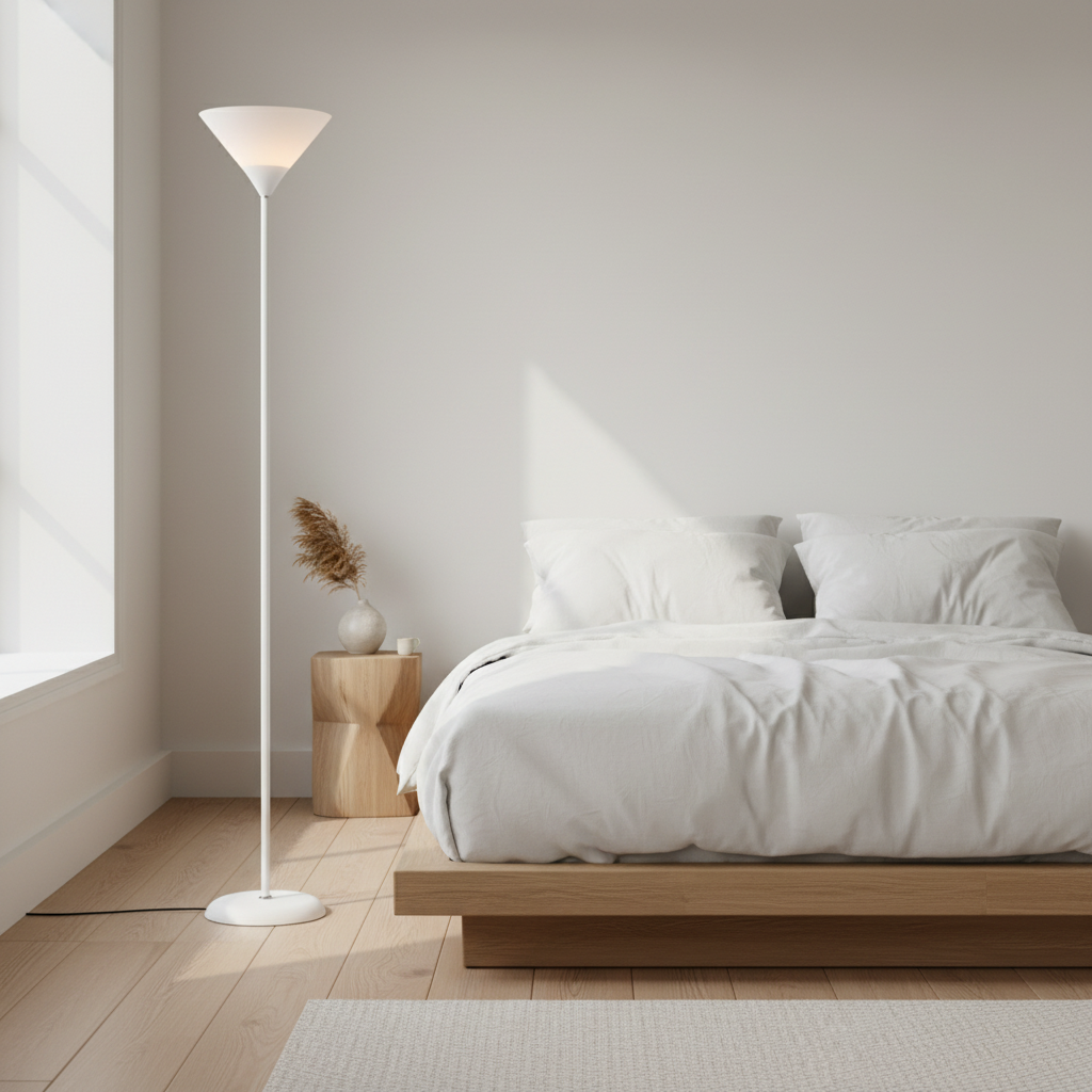 White Coppa uplighter floor lamp next to a low wooden bed in a bright bedroom