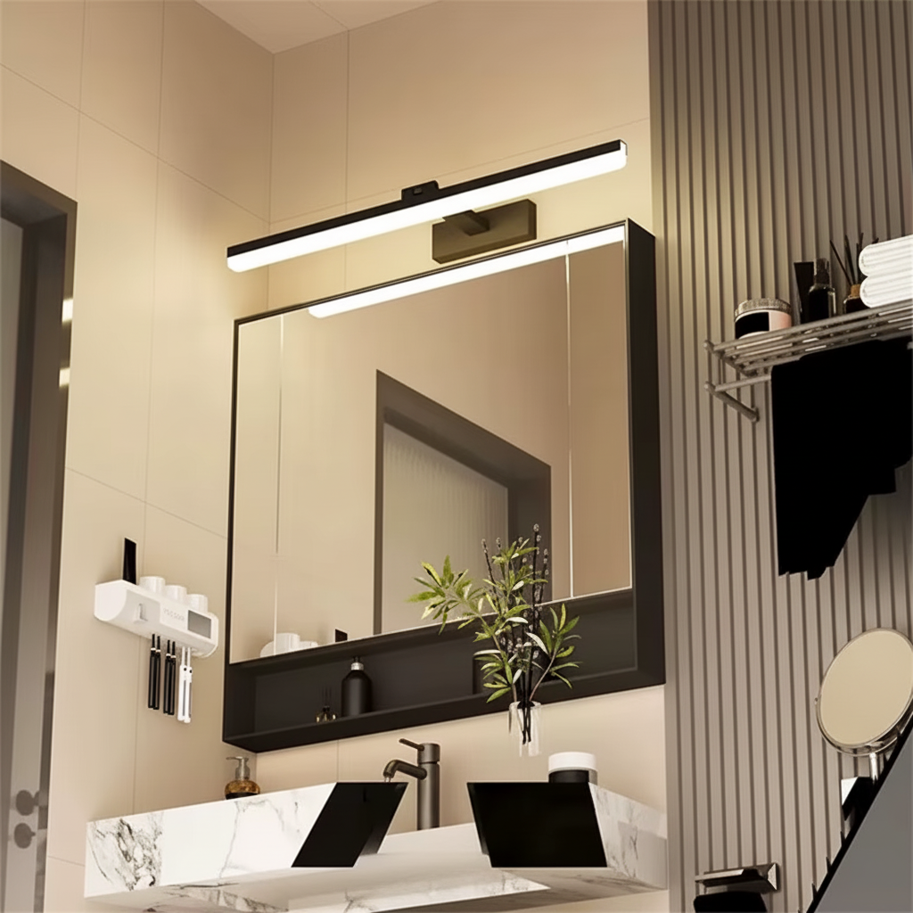 Black LED mirror light above a wide mirror in a modern bathroom
