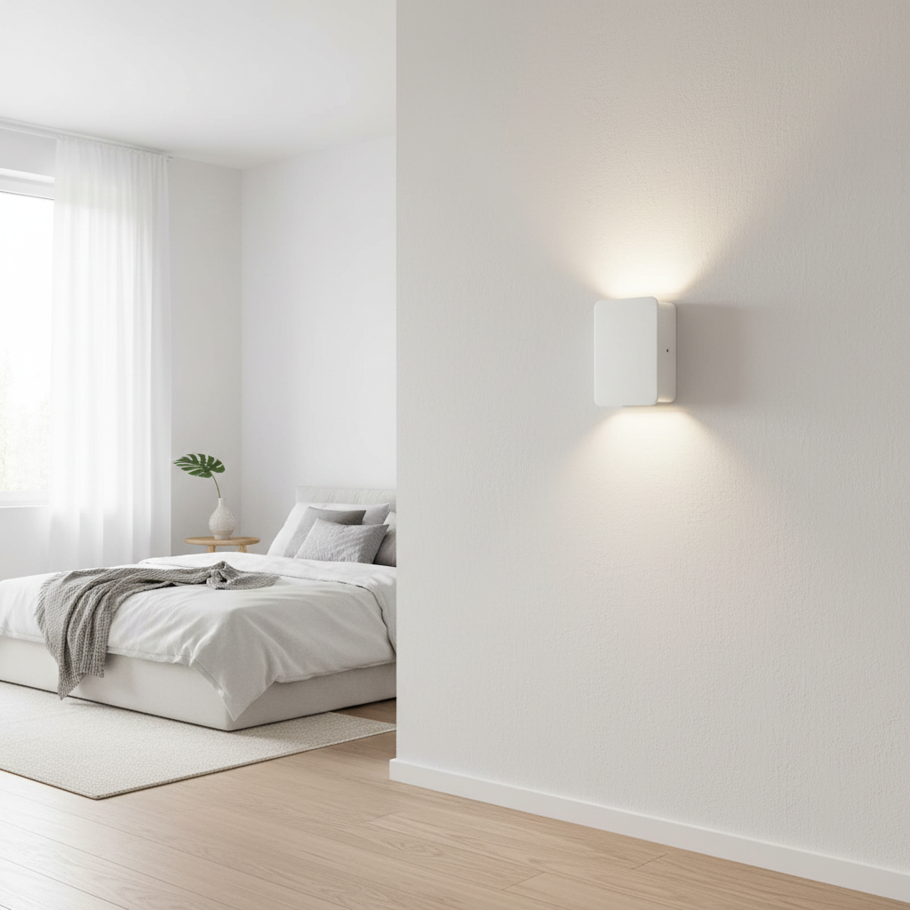 Ingram up-down wall light in white, lit on an interior wall