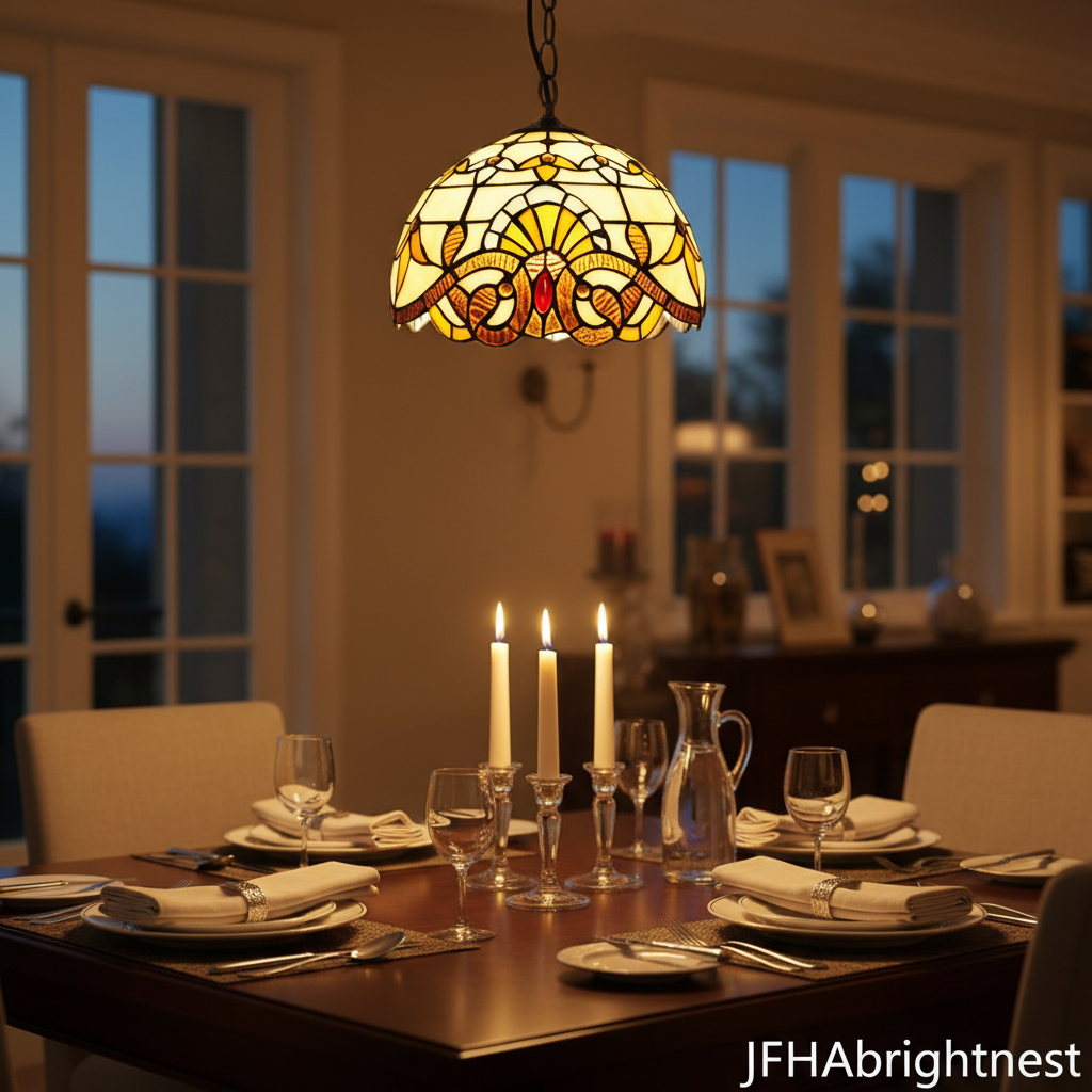 White and green Tiffany stained glass dome pendant light – dining table lifestyle photo