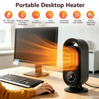 Portable Desktop Heater on office desk with PC monitor, 7 safety protection badges, person in yellow sweater – JFHAbrightnest branding