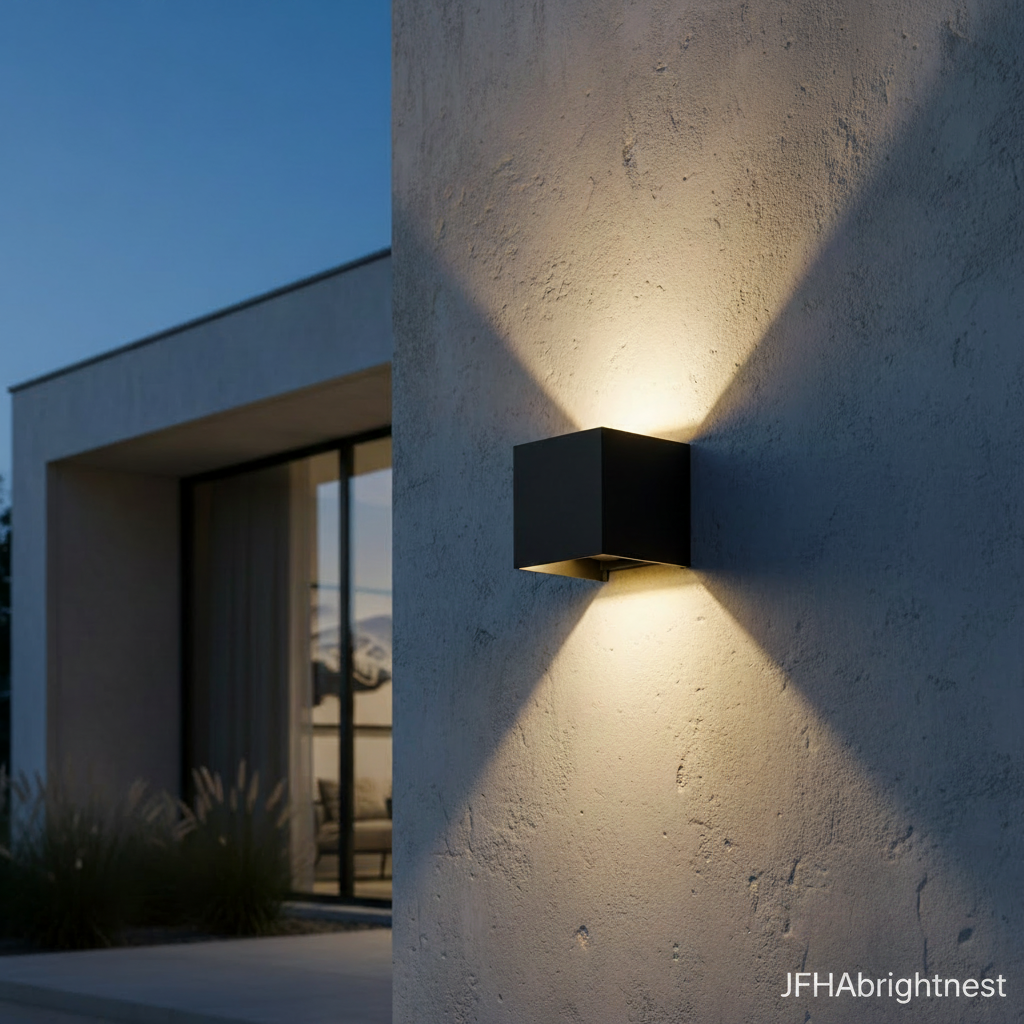 Black Norvik outdoor wall light lit at night showing twin up and down beams