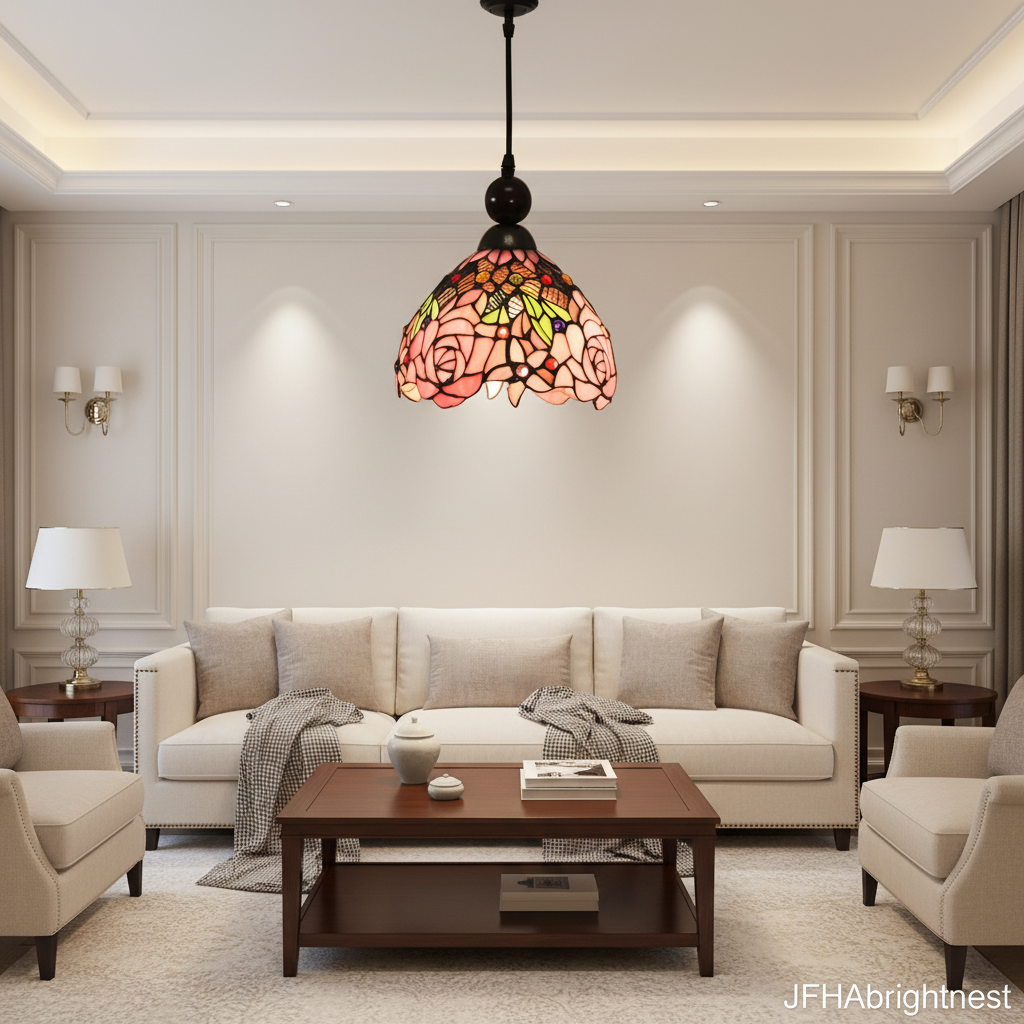 Sakura Glow Tiffany Pendant Lamp in Pink – lifestyle photo in living room