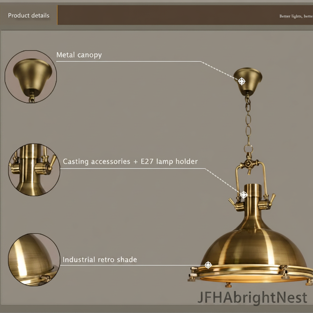 Edison Noir pendant light details: metal canopy, cast E27 lamp holder and industrial retro dome shade