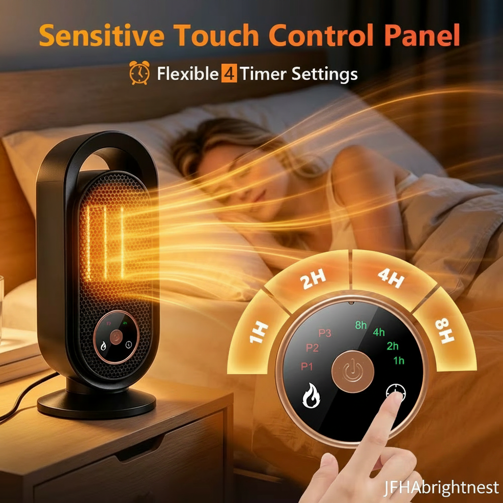 Sensitive touch control panel with flexible 4 timer settings (1H/2H/4H/8H), bedroom sleeping scene – JFHAbrightnest branding