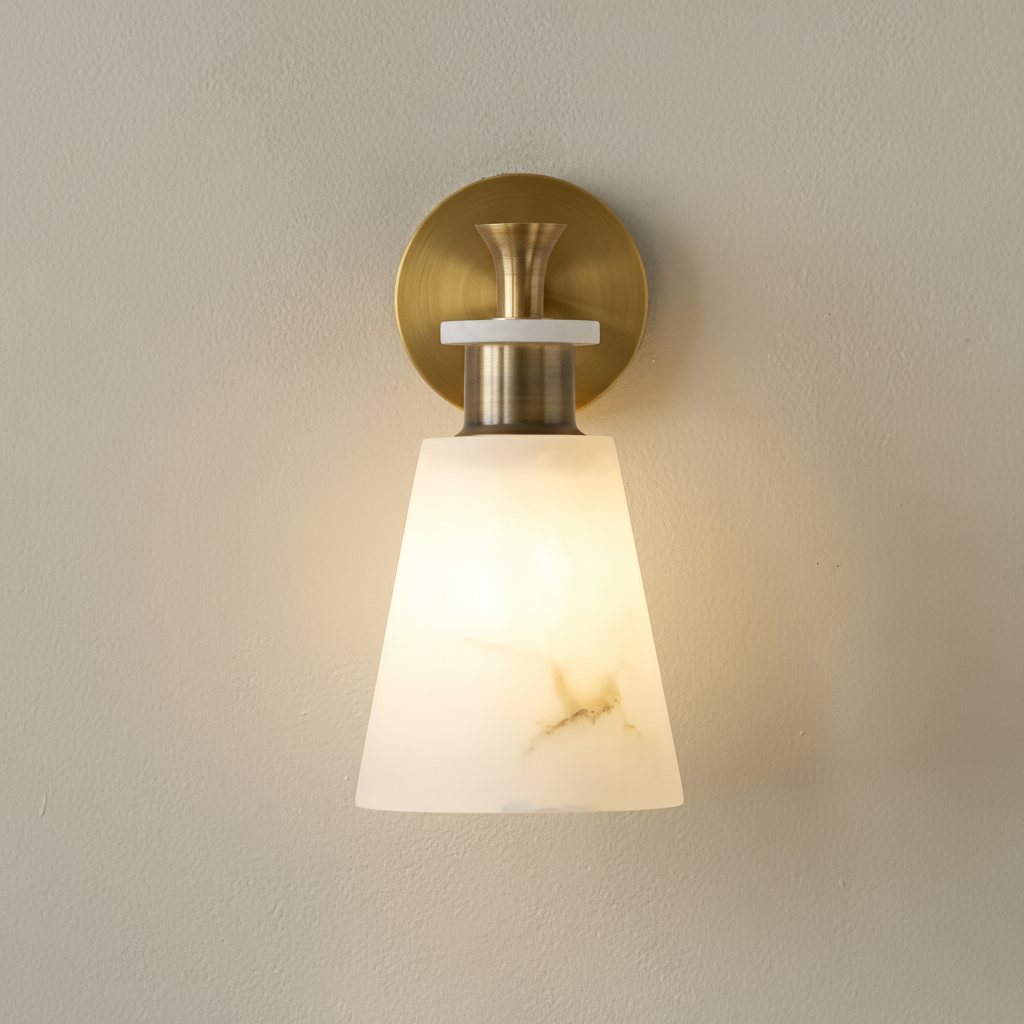 Spain Marble Wall Lamp in copper, lit, on a beige wall - natural marble shade