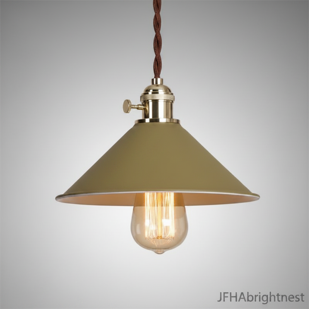 Khaki industrial cone pendant light with adjustable rope drop - JFHA BrightNest
