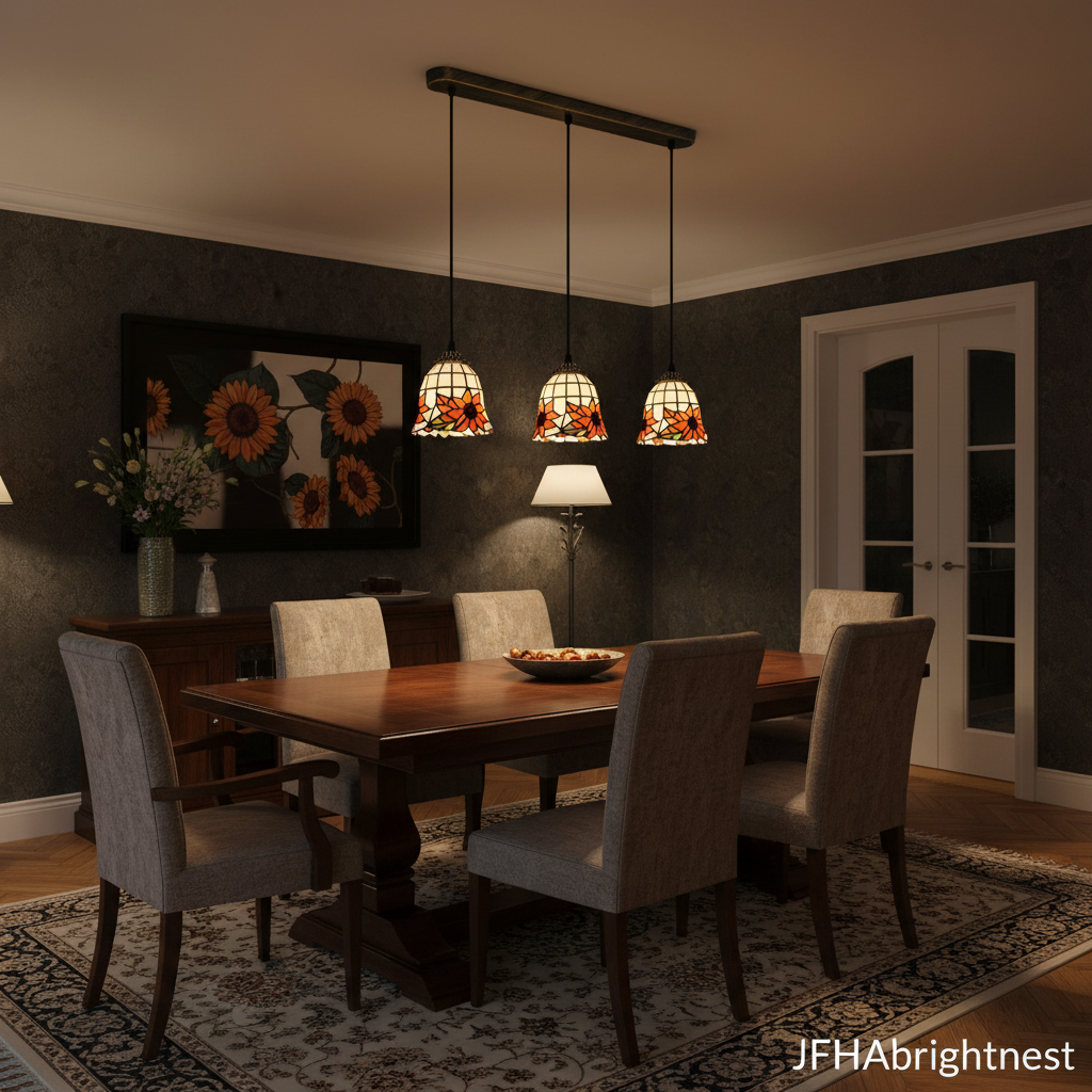 3-light Tiffany orange sunflower pendant gold-black round canopy moody dining room lifestyle shot