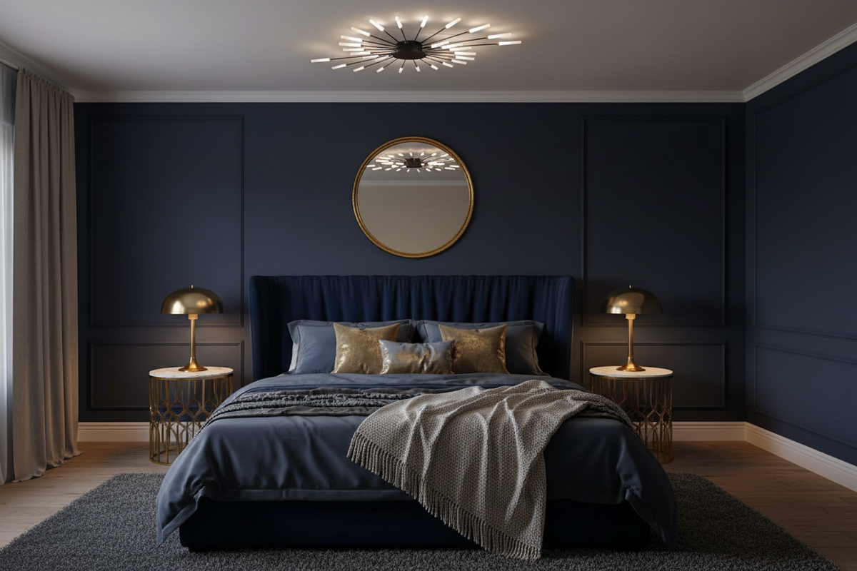 Wesley Fireworks black ceiling light in a luxury master bedroom with navy walls and gold accents