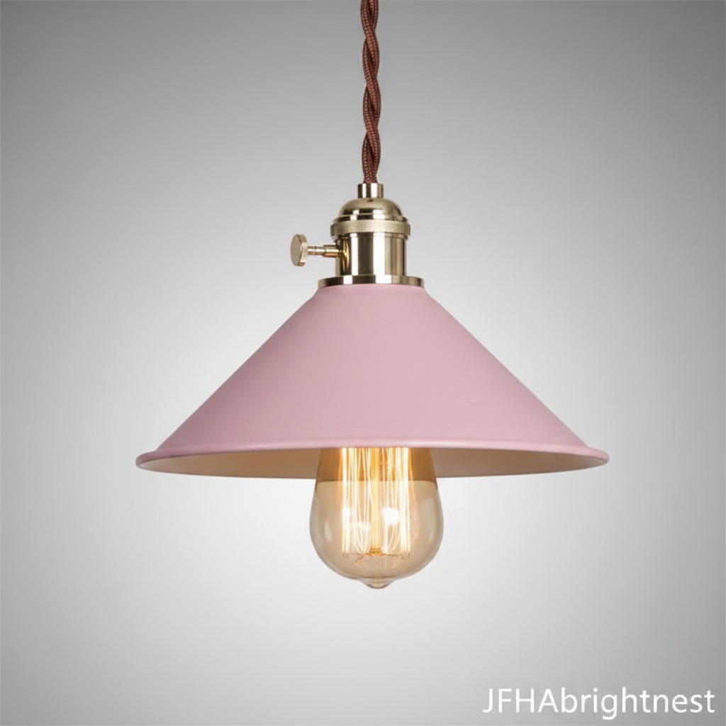 Pink industrial cone pendant light with adjustable rope drop - JFHA BrightNest