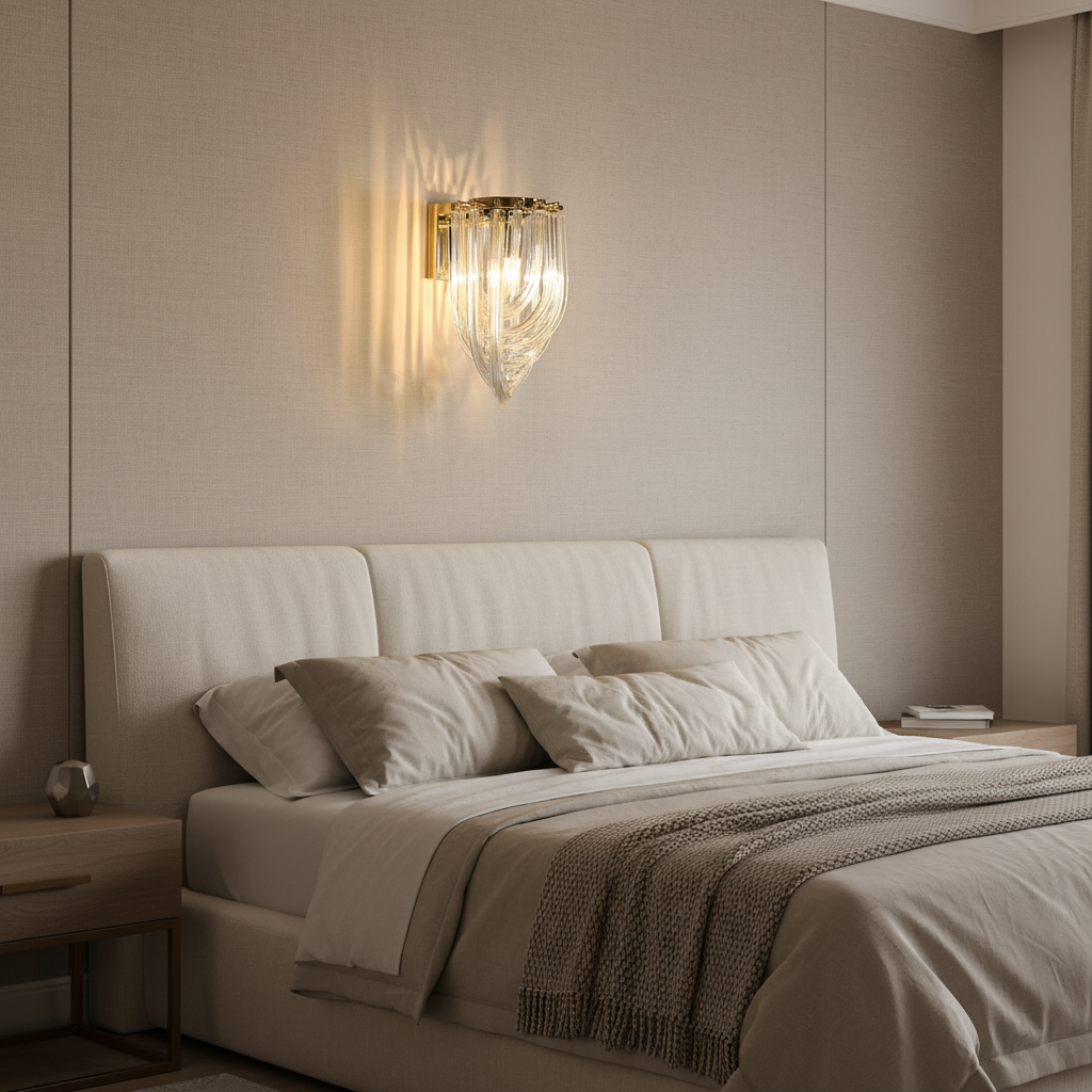 Trevi gold wall light mounted beside a bed in a master bedroom