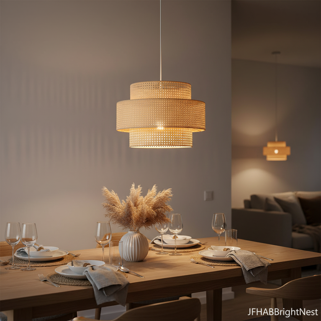 Woven rattan pendant light hanging in a modern dining room with a warm glow