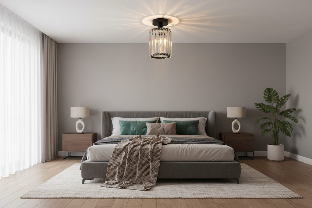 Circular black acrylic flush mount ceiling light in a modern bedroom