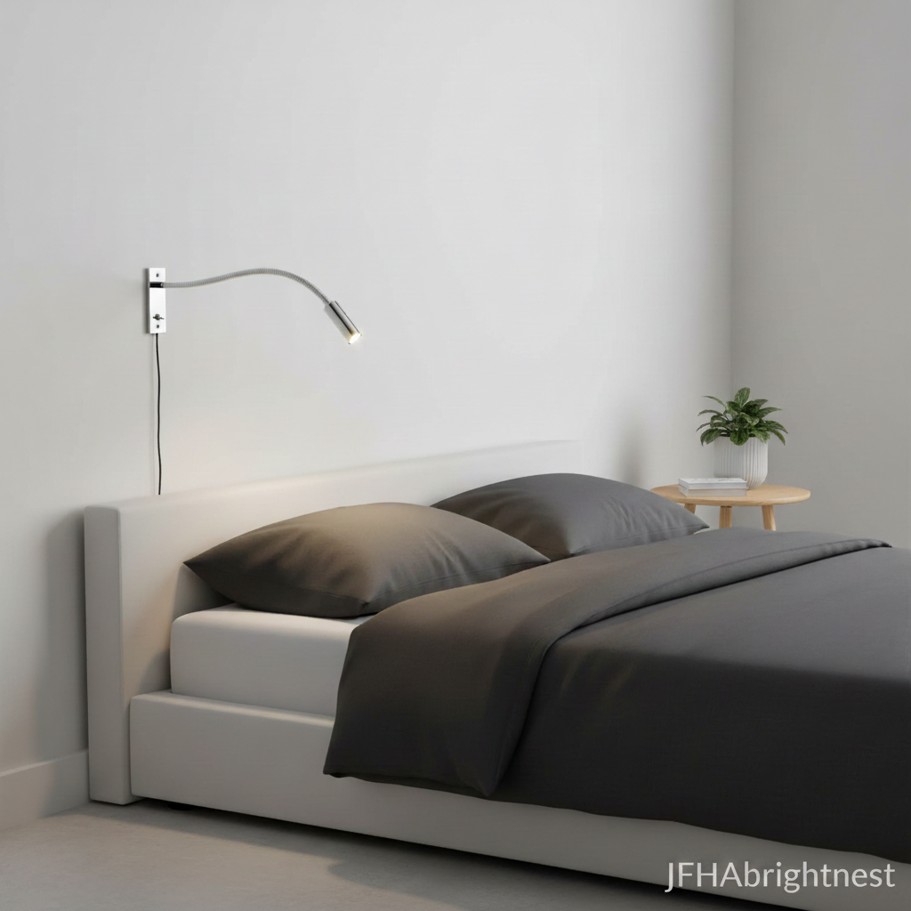 Chrome Halden reading wall light mounted beside a bed