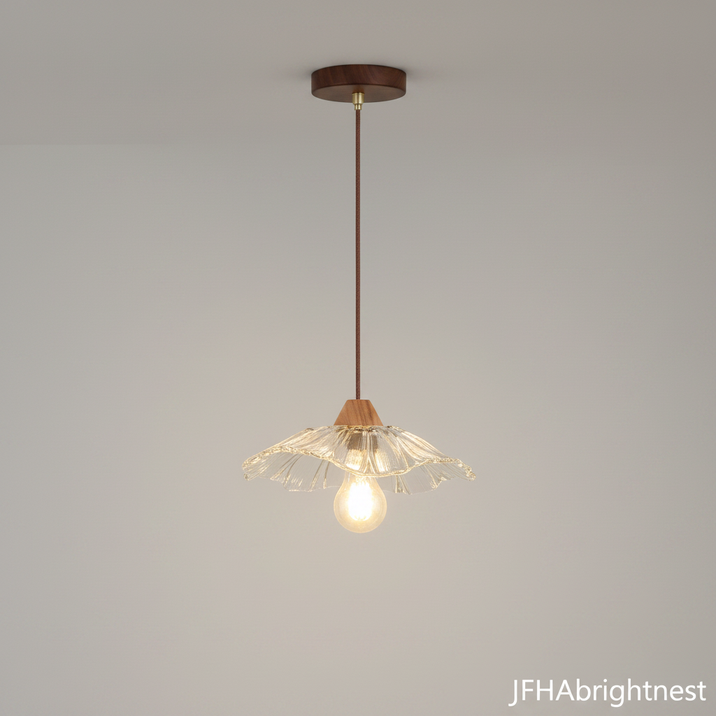 Dark walnut 1-light flower pendant light with clear glass shade