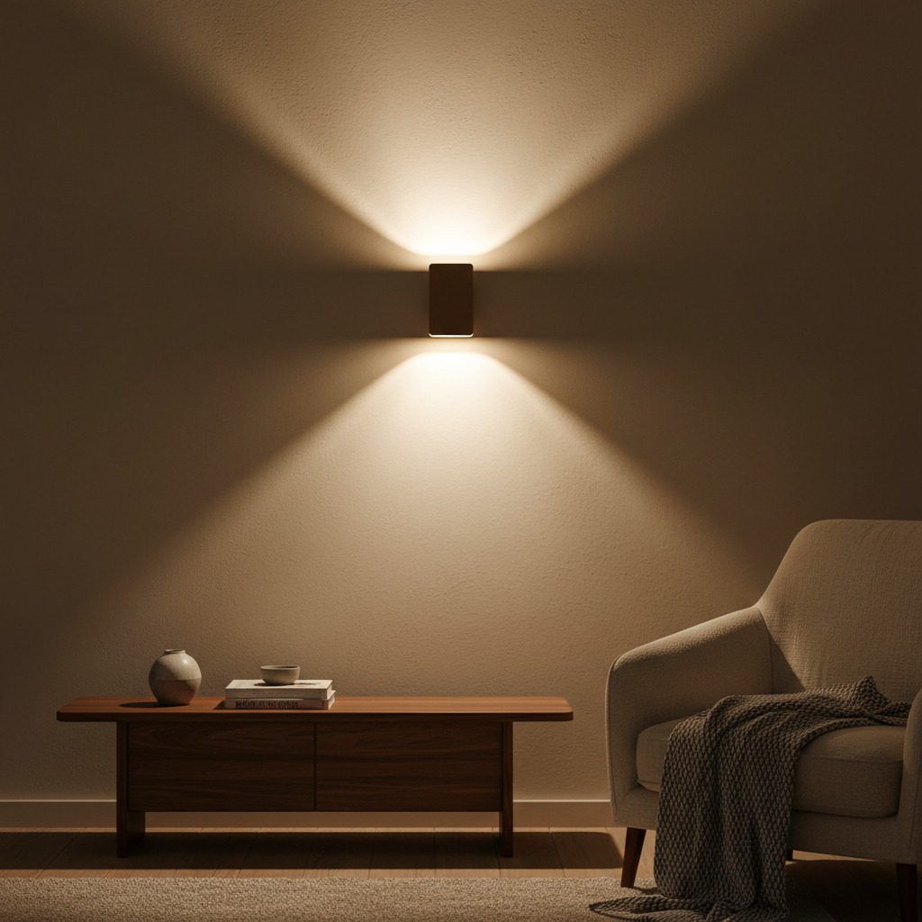 Ingram up-down wall light in coffee brown, lit on an interior wall